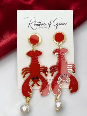 Crawfish Earrings Pearl Red Enamel Louisiana Cajun Mardi Gras Dangle NWT